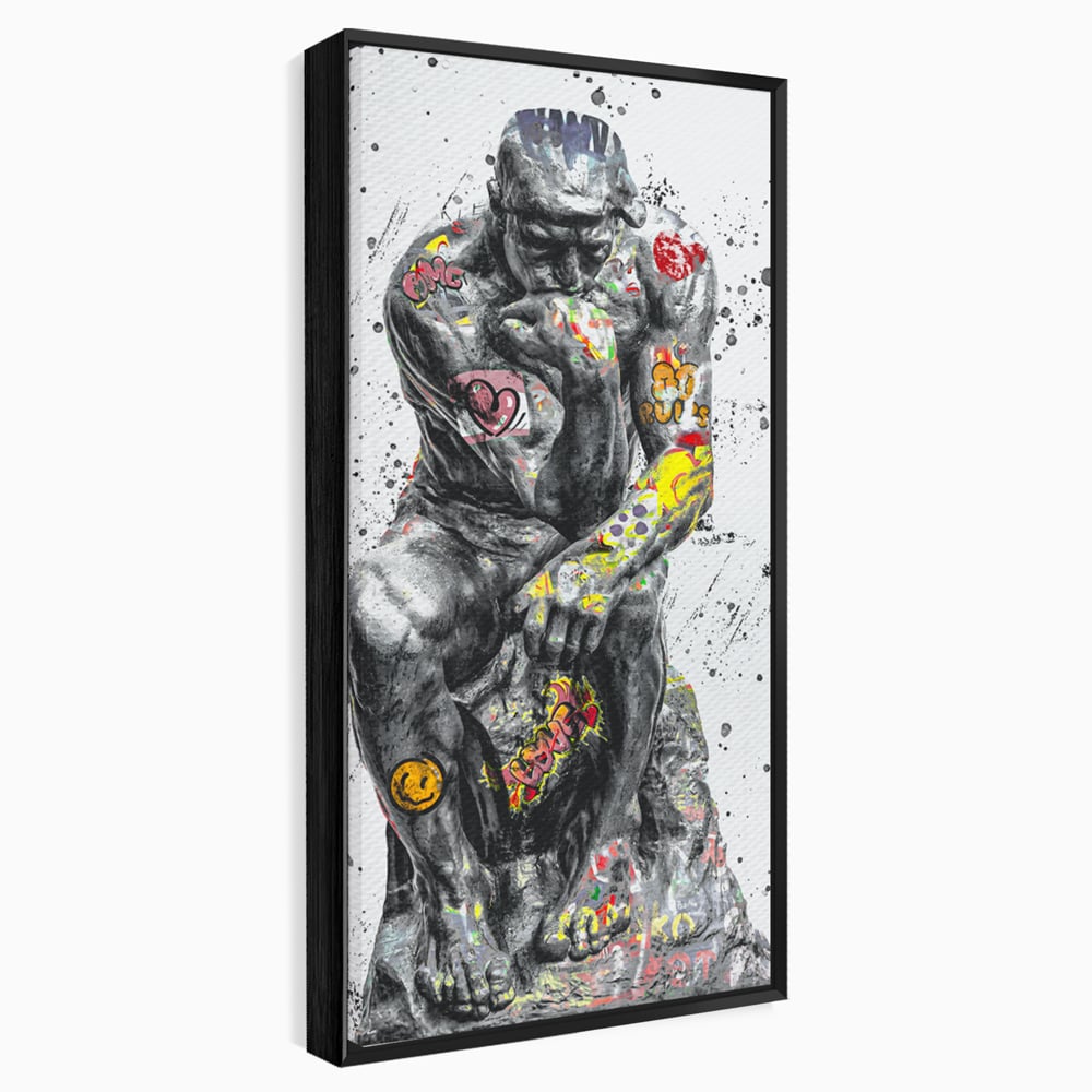 Tablou canvas cu tablou canvas cu statuia ganditorul, in rama de aluminiu negru